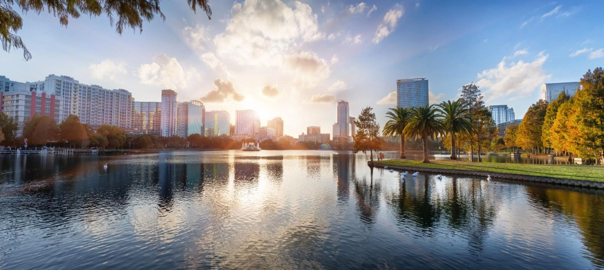 A view of a city skyline at sunset A view of a city skyline at sunset